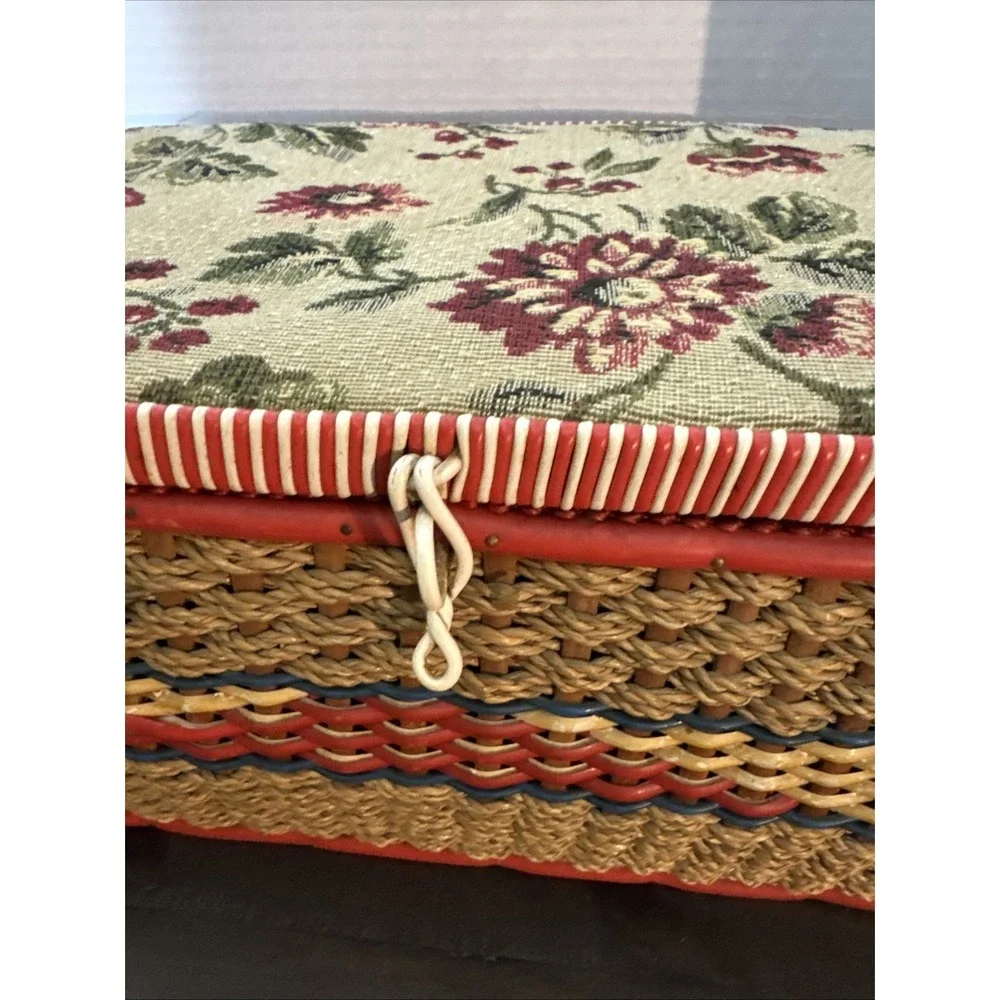 Vintage Woven Floral Sewing Basket Tray Tapestry 11
